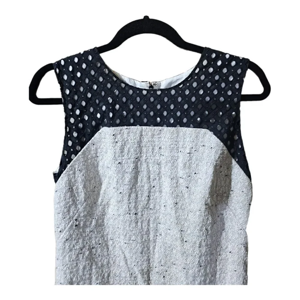 ANN TAYLOR Tweed Eyelet Trim Cream Black‎ Shift Dress - Size 8 - Picture 3 of 7